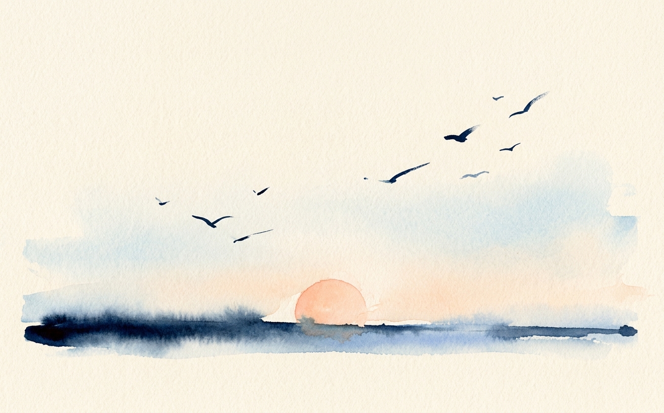 Editorial watercolor of a wide low horizon with a soft peach rising sun, representing the start of a workday.