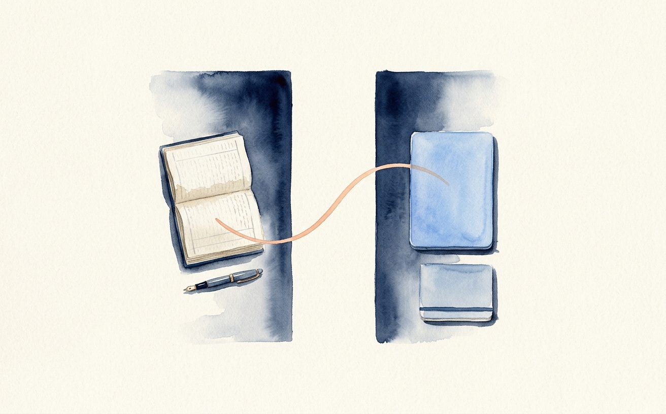 Editorial watercolor illustration of a single desk with a ledger, fountain pen, laptop, and notebook — representing the founder-led practice at Hoyos Baker.