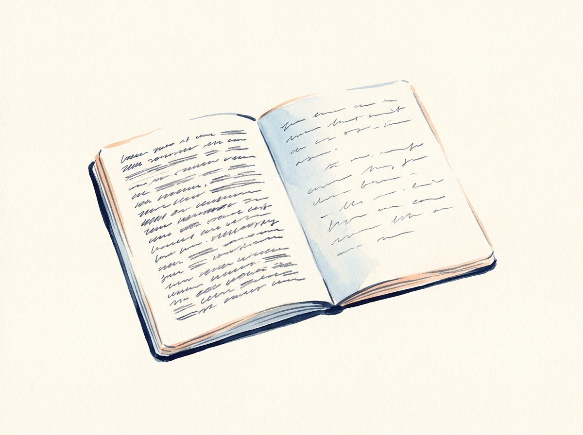 Editorial watercolor of two open notebooks placed side by side, representing the firm's bilingual practice.