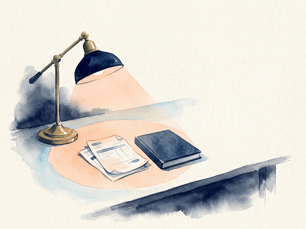 Editorial watercolor of a desk lamp casting warm light over a small stack of invoices and a closed ledger book, late evening.