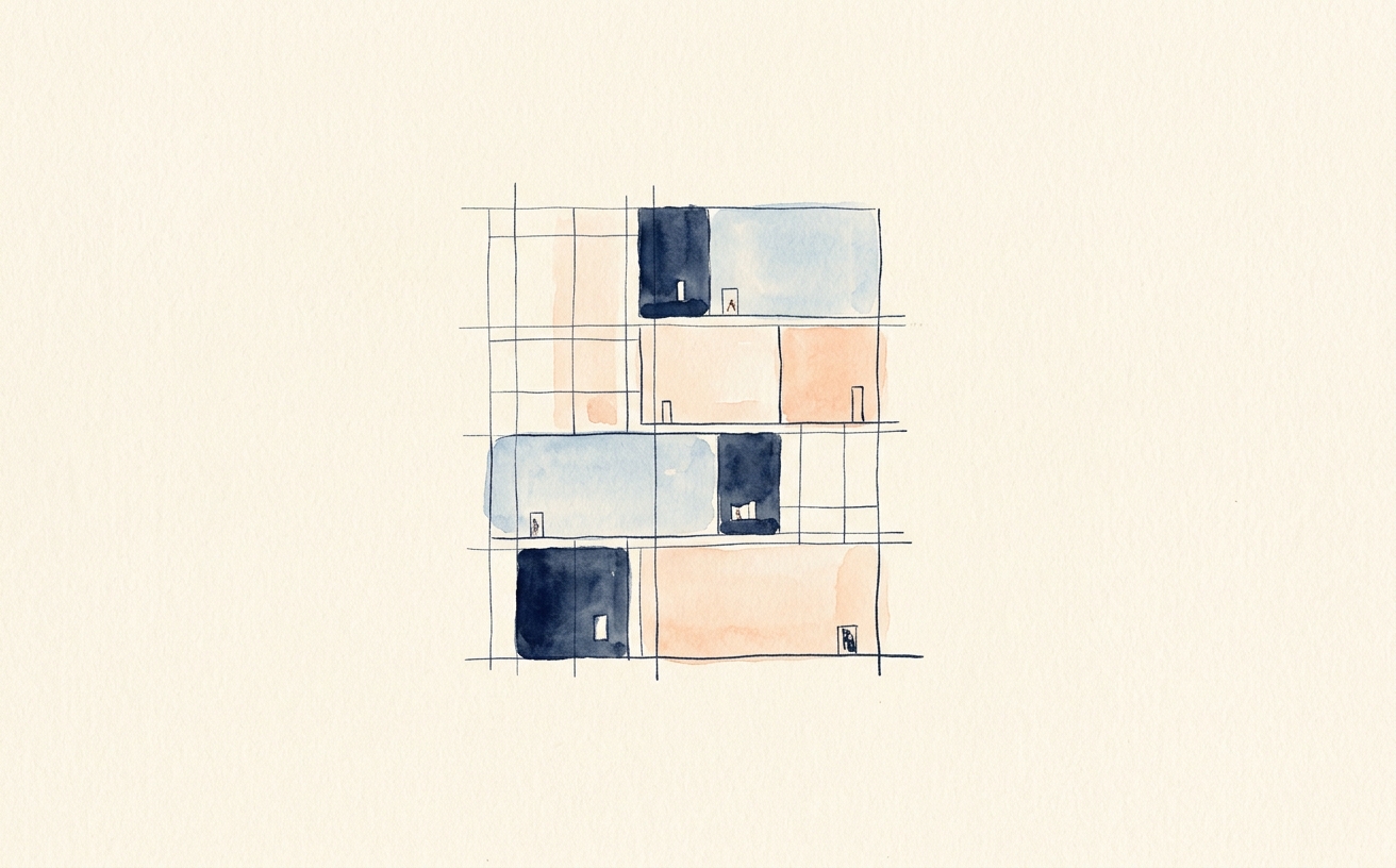 Editorial watercolor of an abstract architectural cross-section, representing the layered structure of a back-office practice.