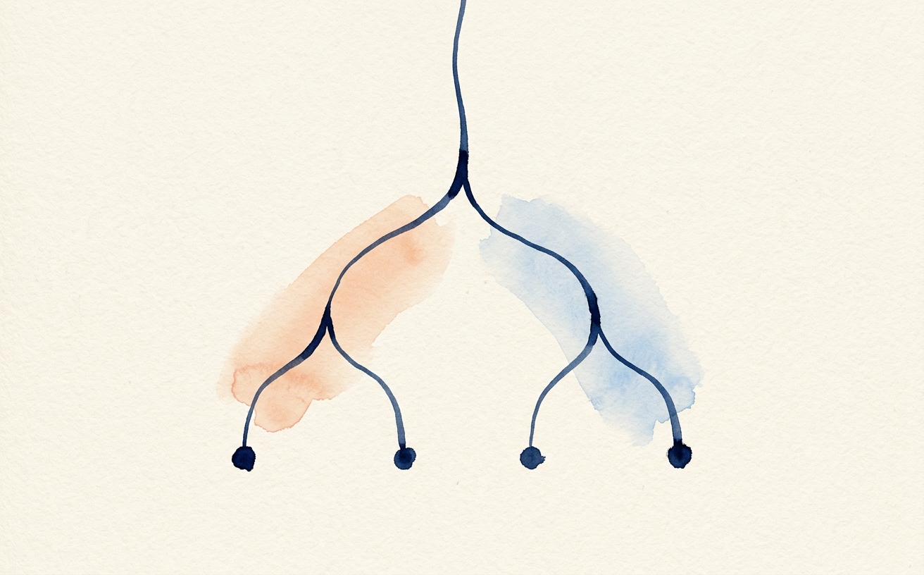 Editorial illustration of a flowchart drawn on graph paper with branching arrows, in soft navy and peach tones.
