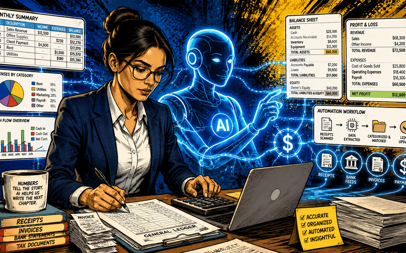Editorial illustration of an open ledger book where one column of tidy entries dissolves into static, with a small robotic arm holding a pencil, in soft navy and peach tones on a cream paper background.
