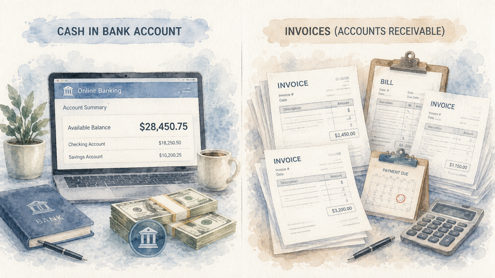 Watercolor illustration split in two panels: on the left a laptop showing an online banking balance of $28,450.75 beside stacks of cash, labeled cash in bank account; on the right a pile of unpaid invoices and bills on a clipboard, labeled invoices or accounts receivable.