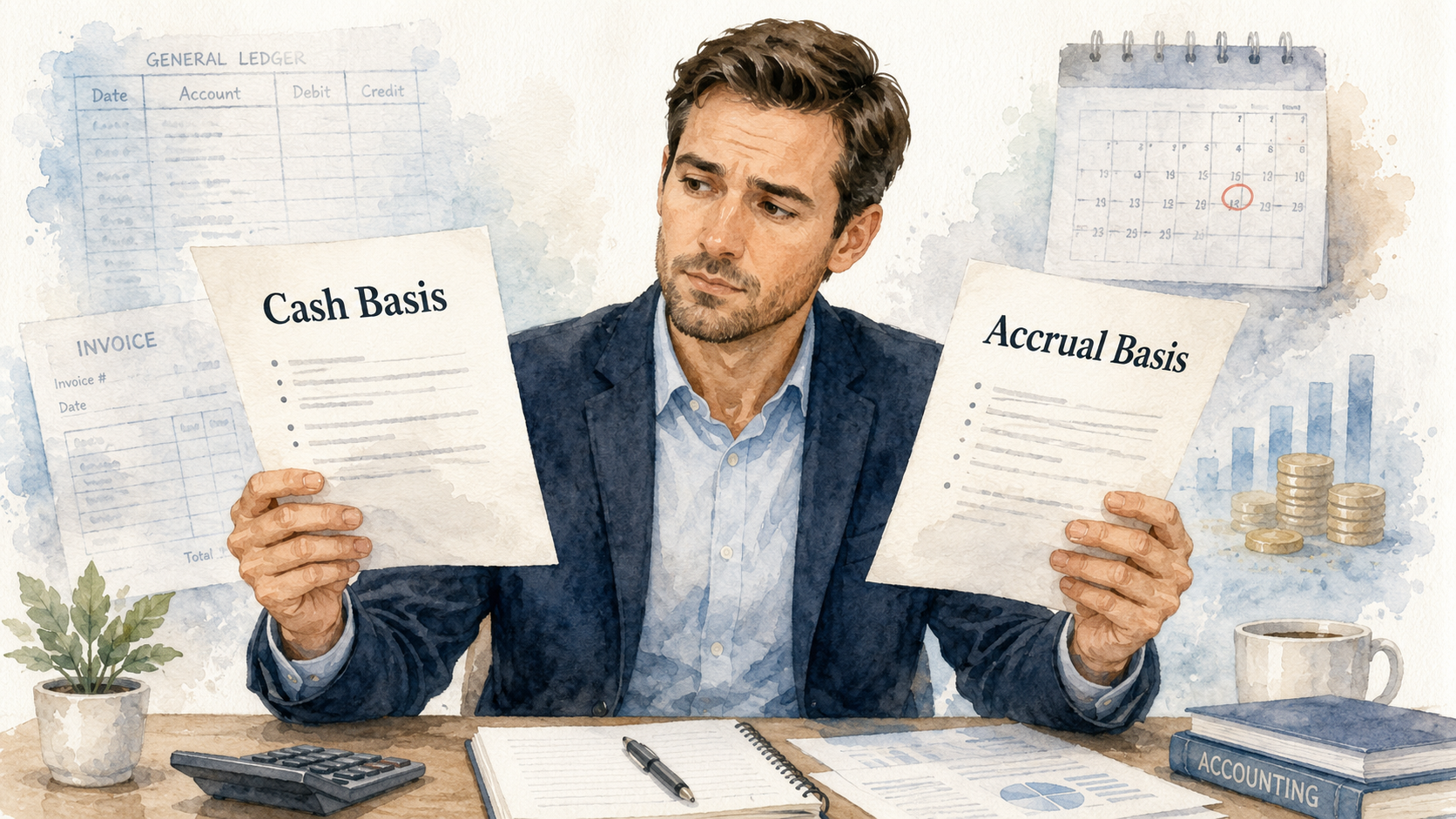 Watercolor illustration of a business owner holding a page marked Cash Basis in one hand and a page marked Accrual Basis in the other, with a general ledger, an invoice and a calendar behind him.
