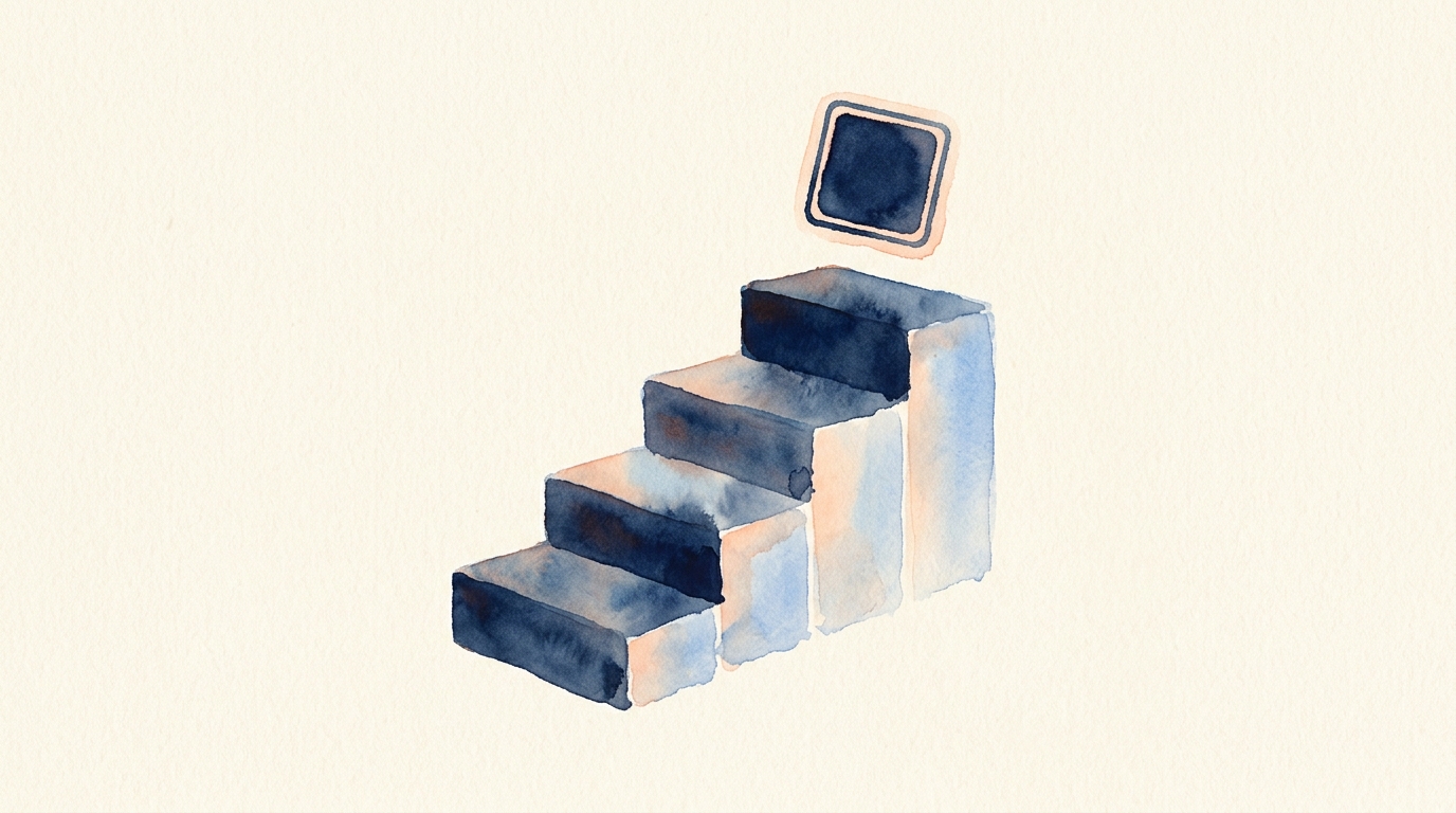 Editorial illustration of a stepped ladder of four blocks labeled permanent home, vital interests, habitual abode and nationality, with a small US passport stamp marked savings clause overriding the result, cream paper background, soft navy and peach tones.