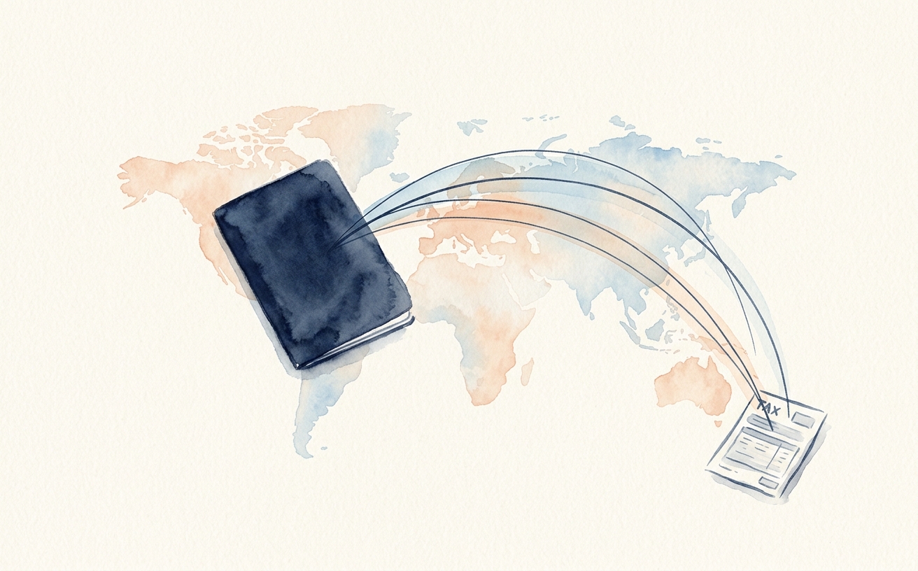 Editorial illustration of a US passport resting on a world map with thin navy flight-path arcs looping back to a small 1040 form, cream paper background, soft navy and peach tones.