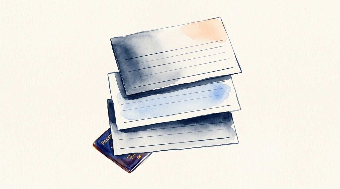 Ilustración editorial de tres formularios de reporte — FBAR, Form 8938 y Form 3520 — apilados sobre papel crema con un pasaporte asomado por debajo, dibujados en acuarela suave de azul marino y durazno.