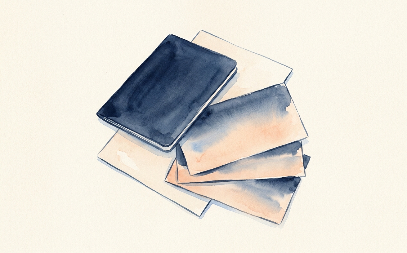 Editorial illustration of a passport, a stack of foreign bank statements, and IRS Form 8938 arranged on a cream desk in soft navy and peach tones.