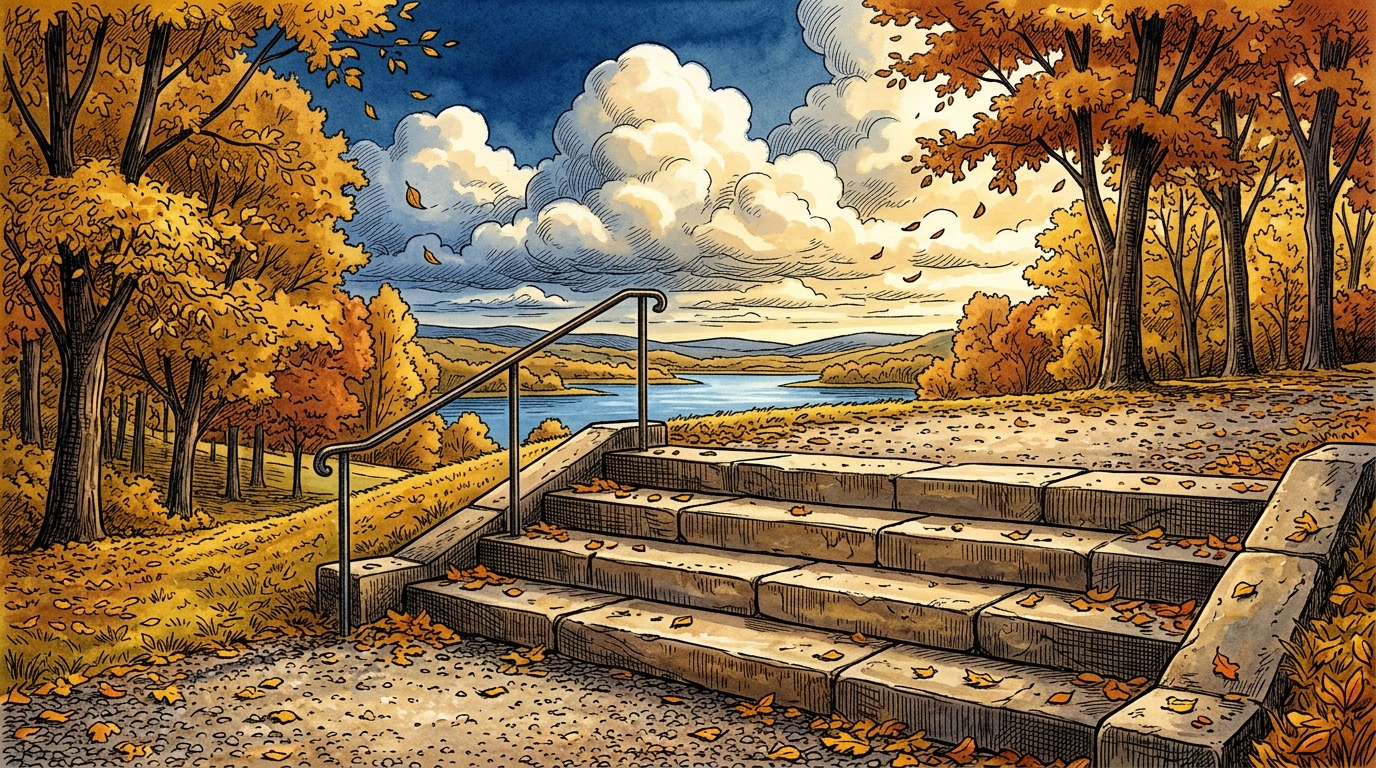 Watercolour and ink illustration of four broad stone steps rising through an autumn park, scattered with fallen leaves, with a lake and low hills beyond the top step.