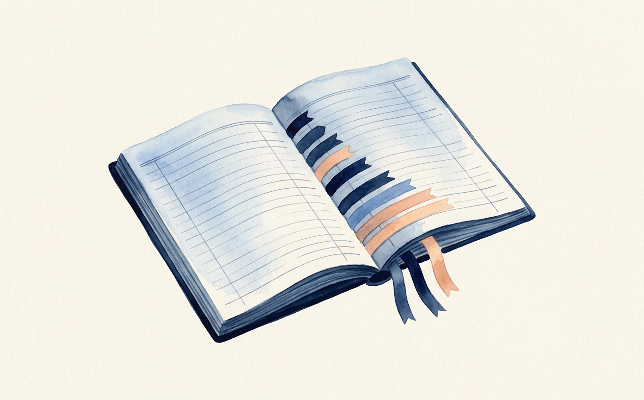 Editorial illustration of an open ledger with seven small bookmarks fanning out, set against a paper-textured background.