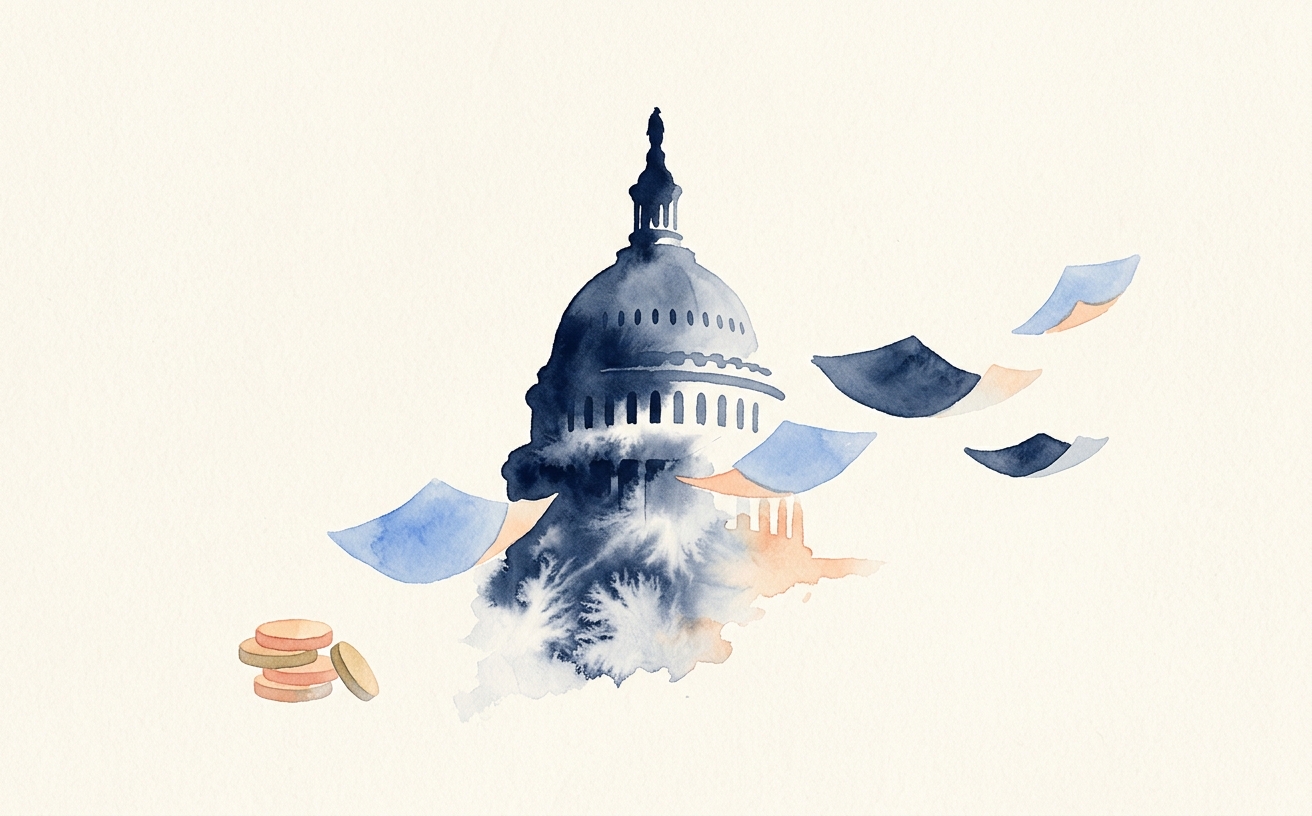 Editorial illustration of the US Capitol against a cream-paper sky, with overlaid tax-form fragments and a coin stack — the visual language of the OBBBA bill's impact on small business.