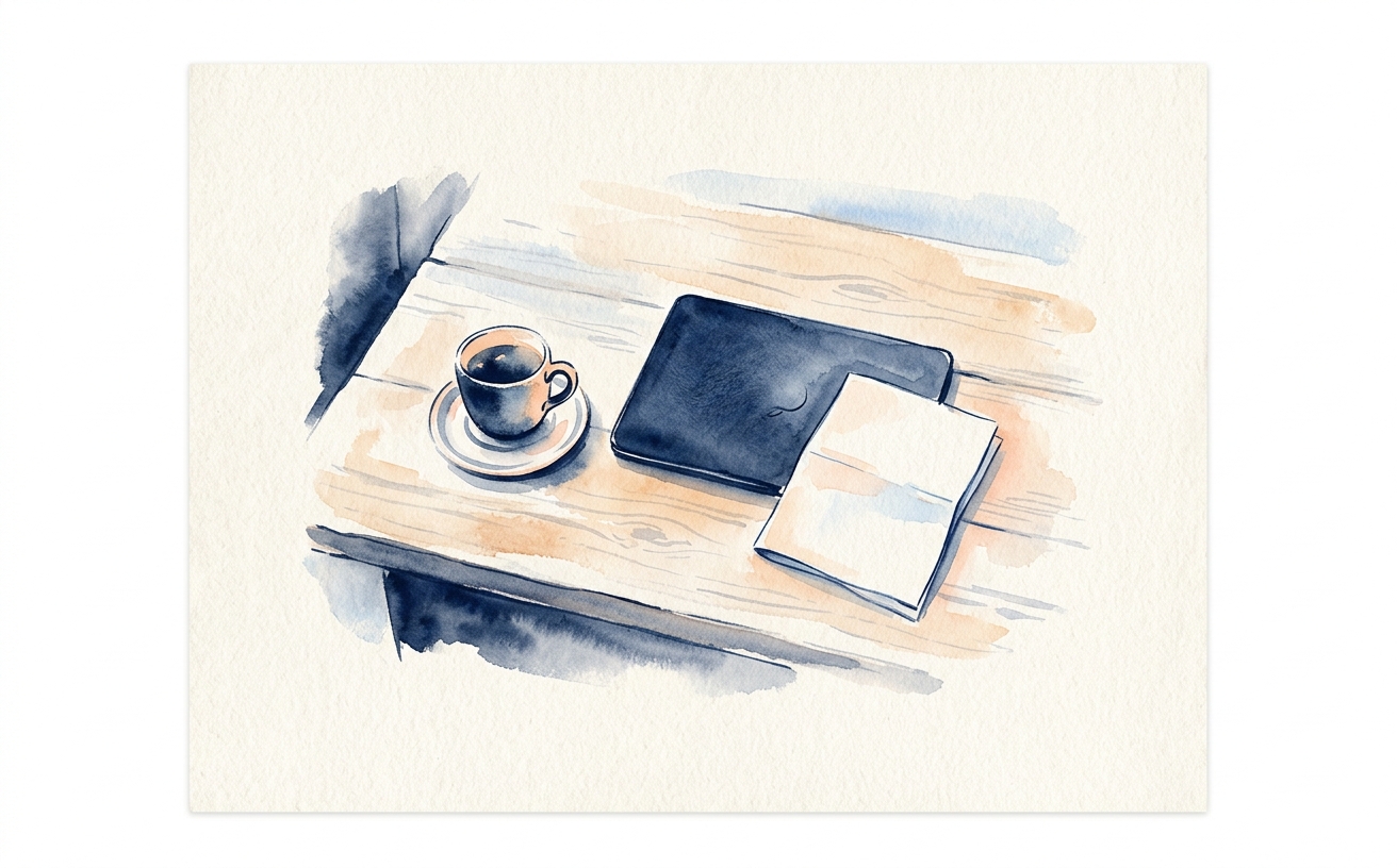 Editorial portrait illustration in soft navy and cream tones — silhouette of a founder at a kitchen table with a coffee cup and a laptop.
