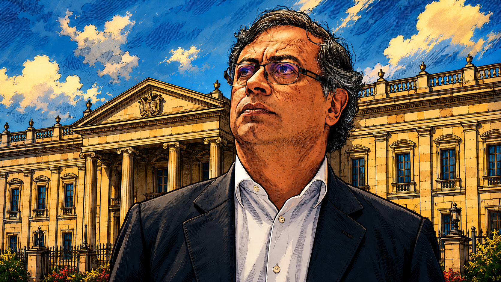 Editorial illustration of President Gustavo Petro in front of the Casa de Nariño presidential palace in Bogotá, under a blue cloudy sky, press-illustration style.