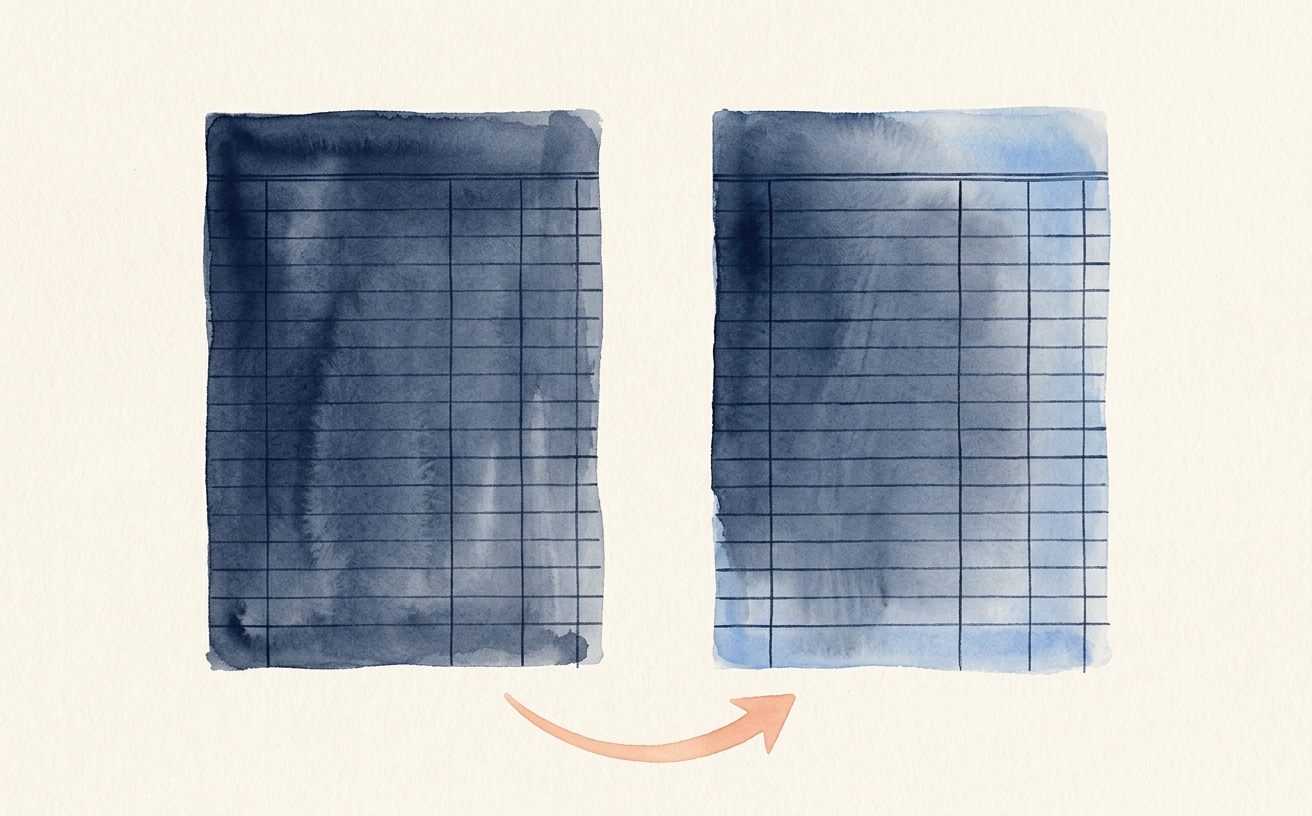 Editorial illustration of two parallel ledger pages, one labeled QBO and one labeled Xero, joined by a single arrow at the bottom.