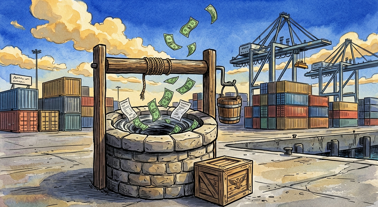 Ilustración en acuarela y tinta de un viejo pozo de piedra en el muelle de un puerto de carga cuya boca se convirtió en un desagüe, con billetes de dólar y recibos de aduana cayendo en espiral, y contenedores y grúas pórtico al fondo.