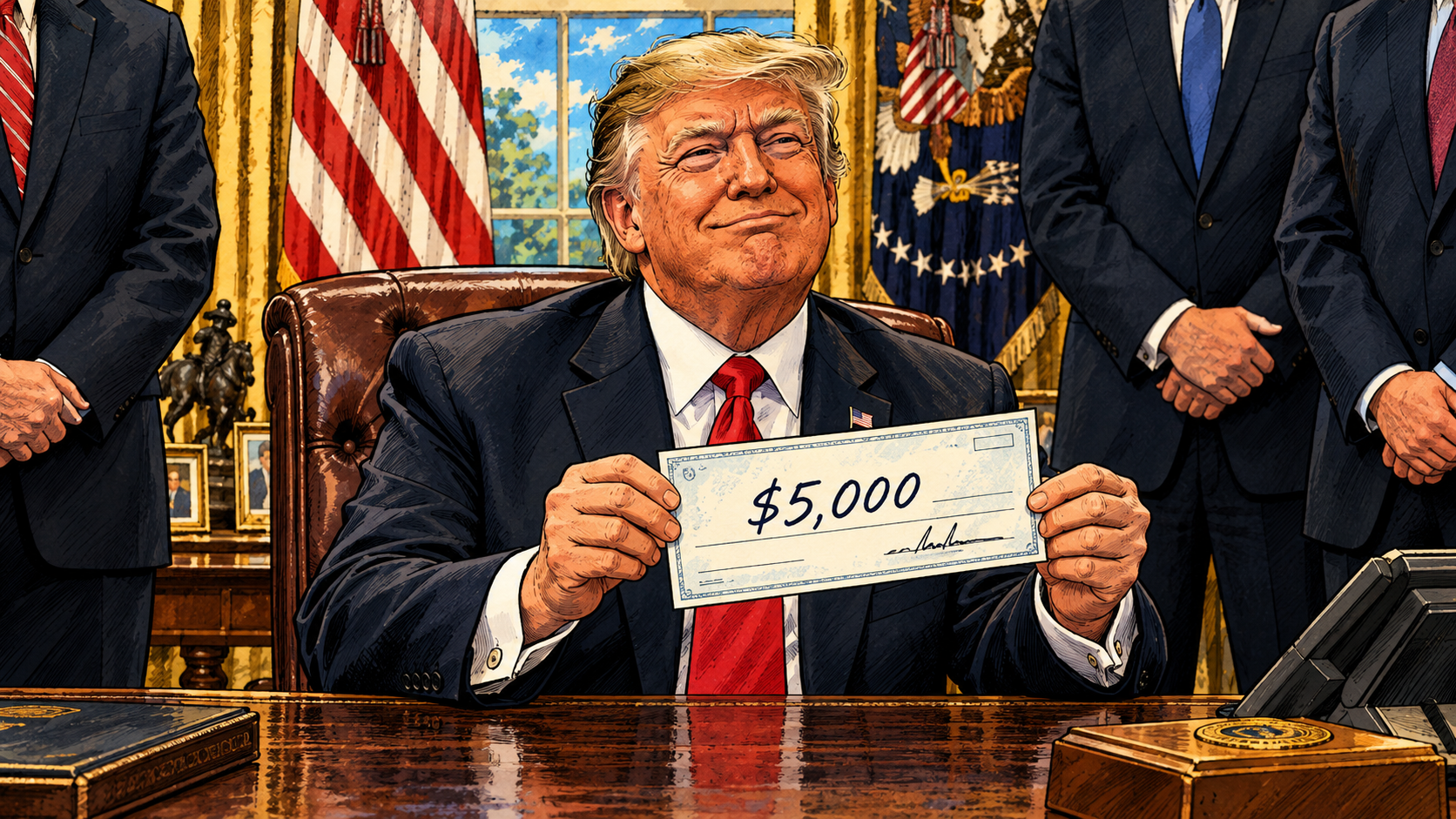 Ilustración editorial en acuarela y tinta de Donald Trump sentado en un sillón de cuero tras el escritorio del Despacho Oval, con una sonrisa satisfecha y un cheque firmado de $5,000 en las manos, flanqueado por colaboradores de traje oscuro y con la bandera de Estados Unidos y la presidencial al fondo.