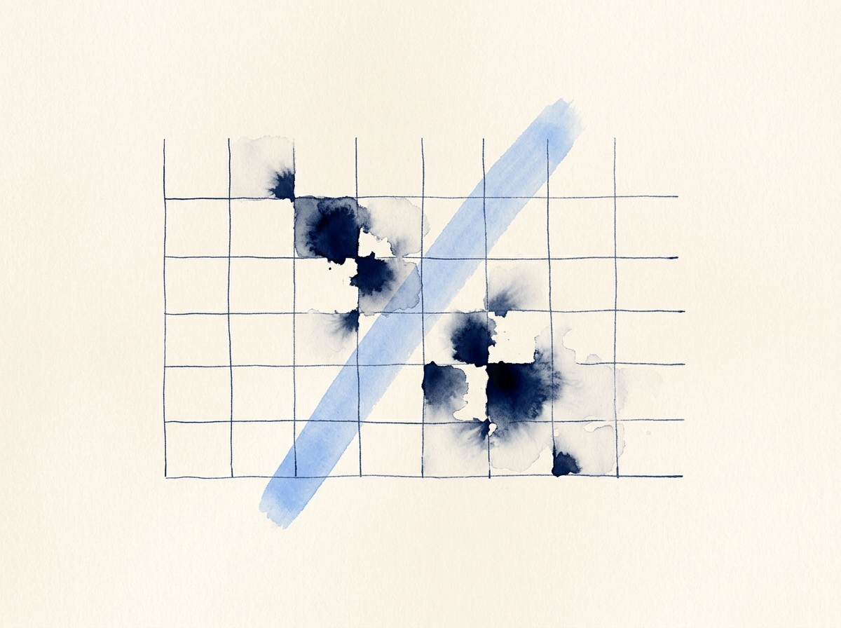 Ilustración en acuarela de una grilla de spreadsheet disolviéndose en manchas de tinta