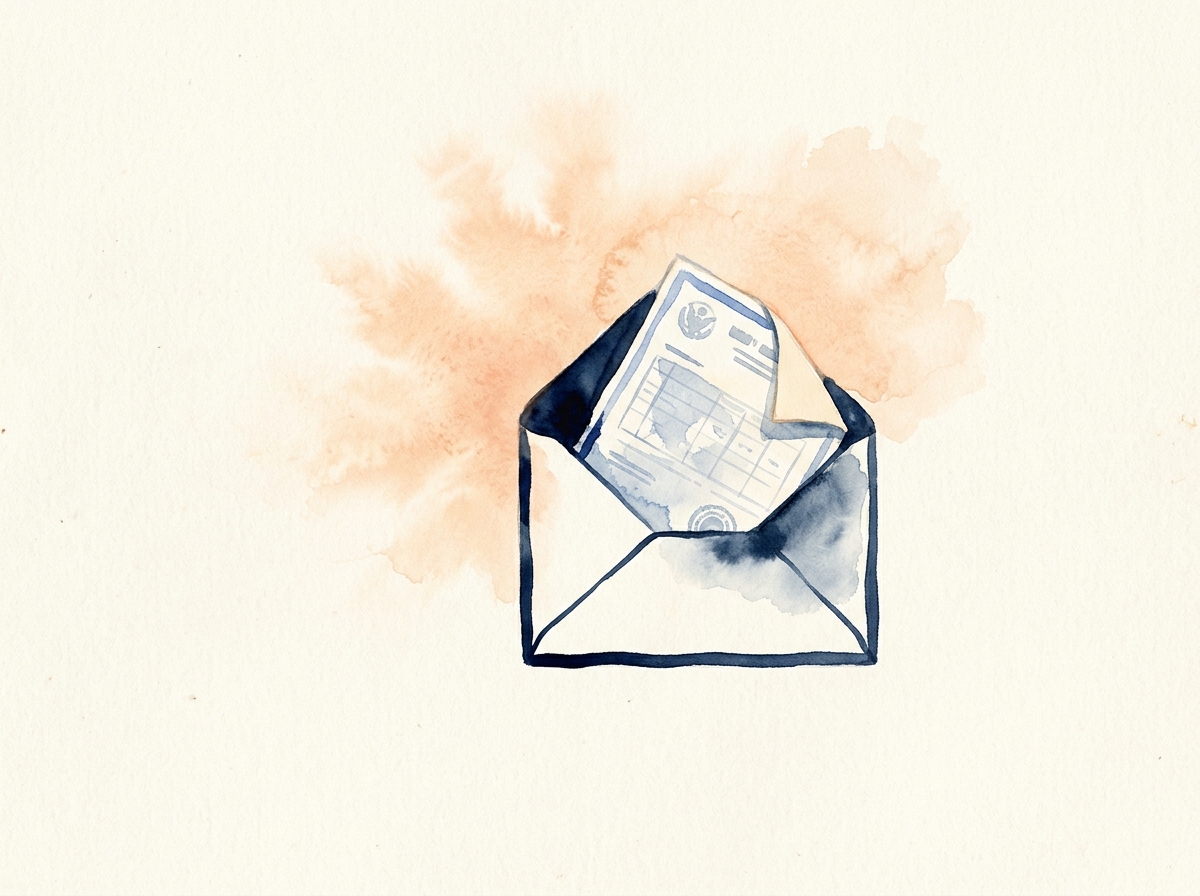 Ilustración en acuarela de un sobre abierto con un documento oficial de impuestos adentro