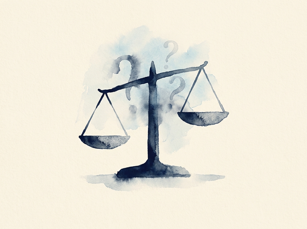 Ilustración en acuarela de una balanza desbalanceada con signos de pregunta detrás