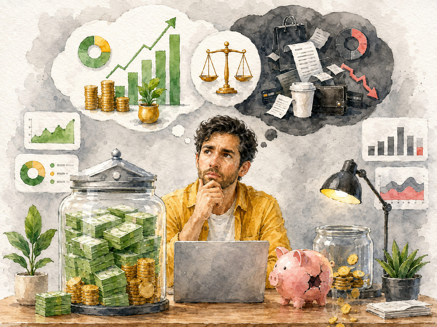 Watercolor illustration of a business owner weighing growing profits against a leaking piggy bank