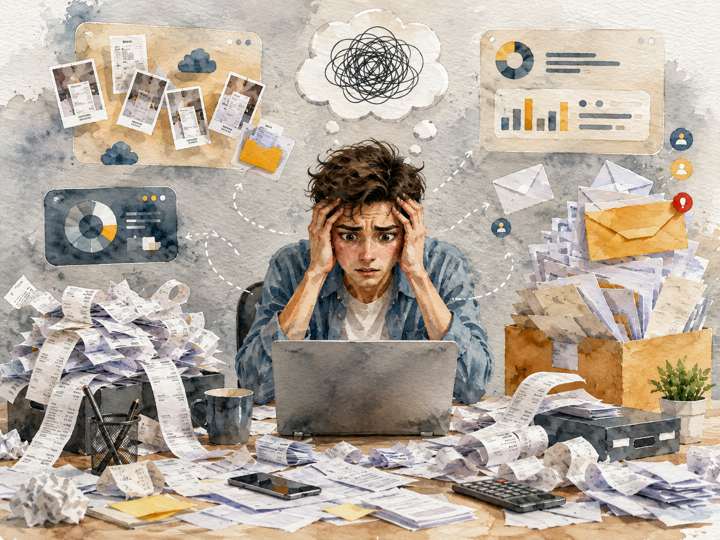 Watercolor illustration of an overwhelmed business owner at a desk buried under piles of paper receipts