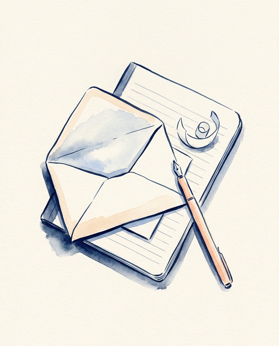 Editorial watercolor of an open envelope on a tilted notebook with a slim peach pen — the quiet moment before a conversation begins.