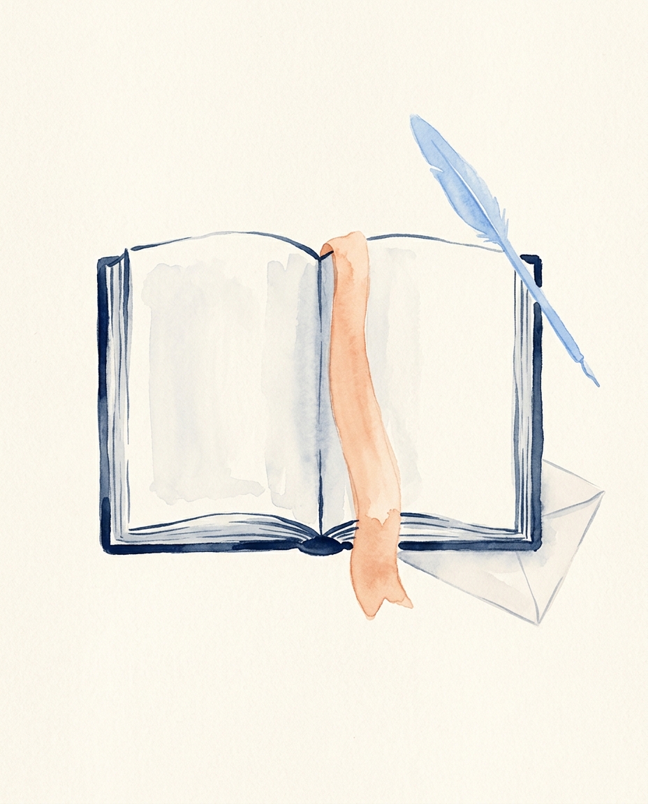 Editorial watercolor of an open book with a peach ribbon bookmark and a sky-blue feather quill resting diagonally above — a quiet place to look things up.