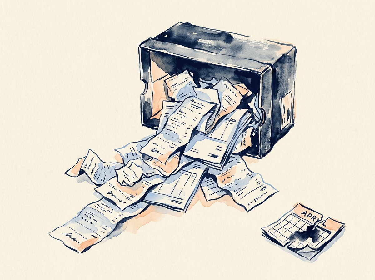Watercolor illustration of a shoebox of receipts spilled across a desk