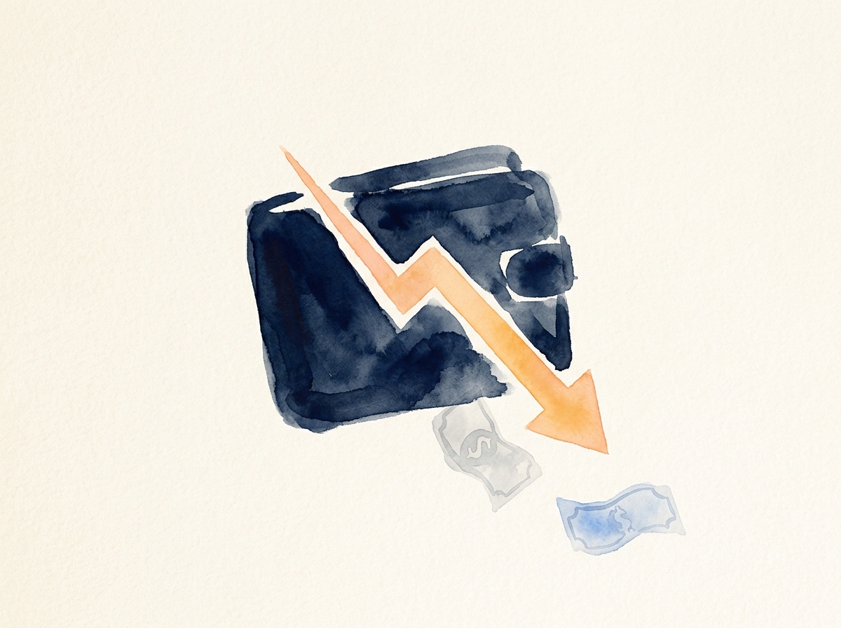 Watercolor illustration of a wallet hit by a downward arrow