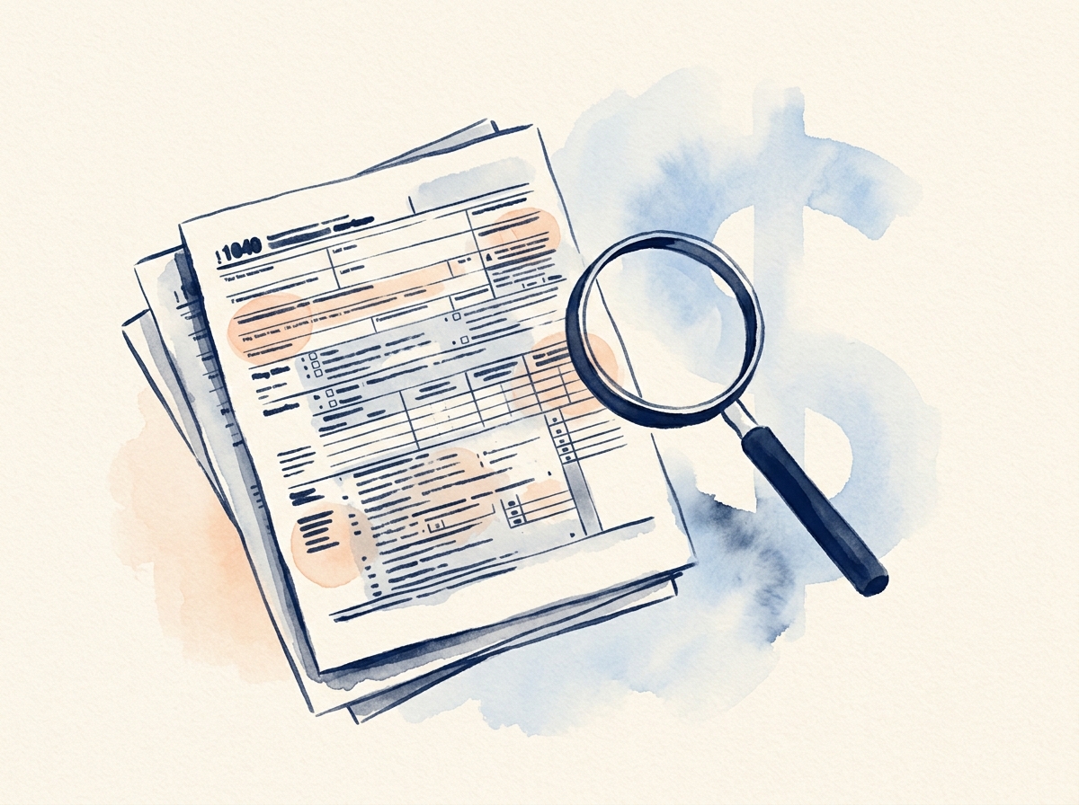 Watercolor illustration of tax forms with overlooked deduction lines